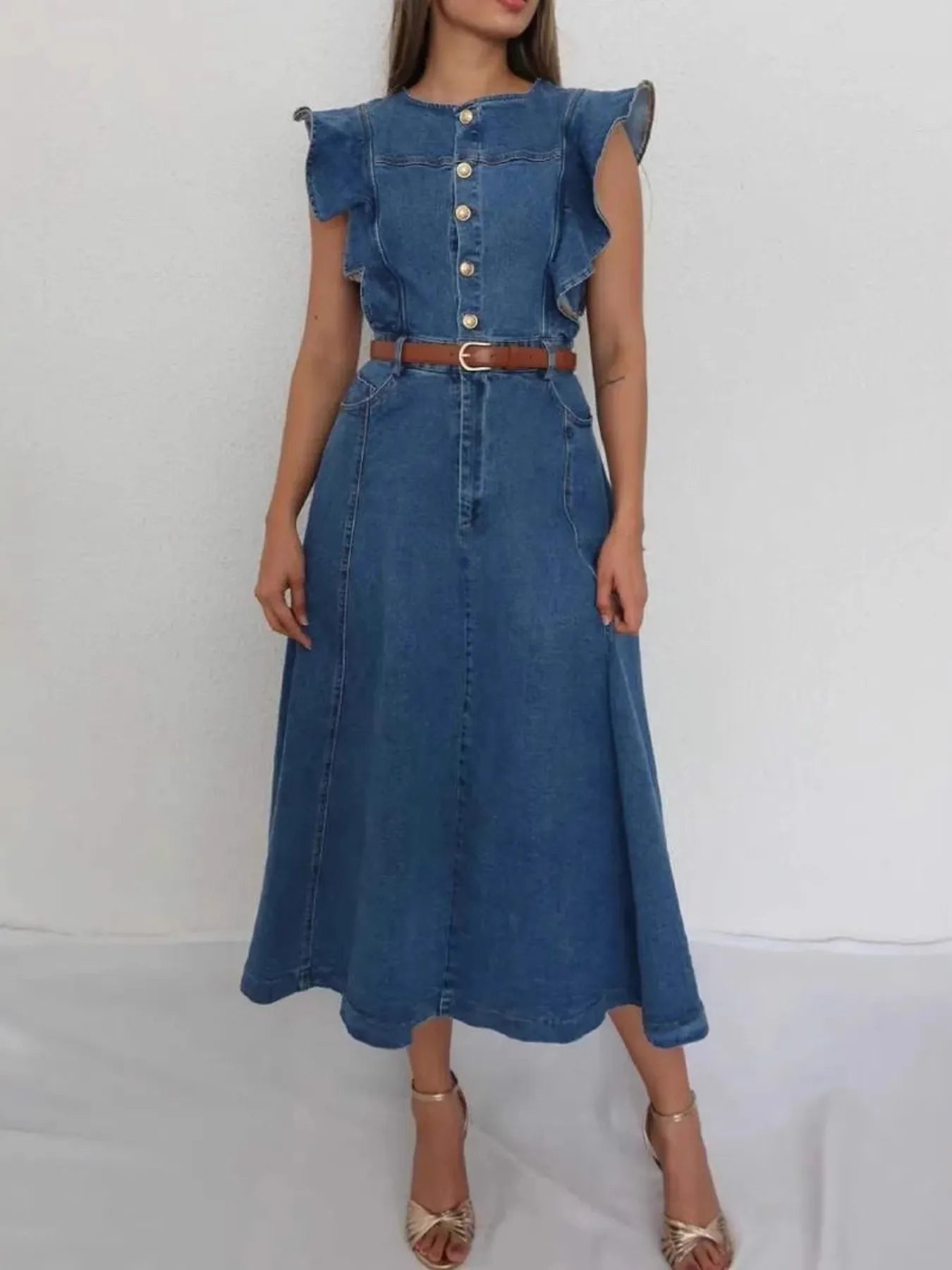 Button-Front Ruffle Sleeve Denim Midi Dress - Classic Cotton Blend, Stylish Belted Design
