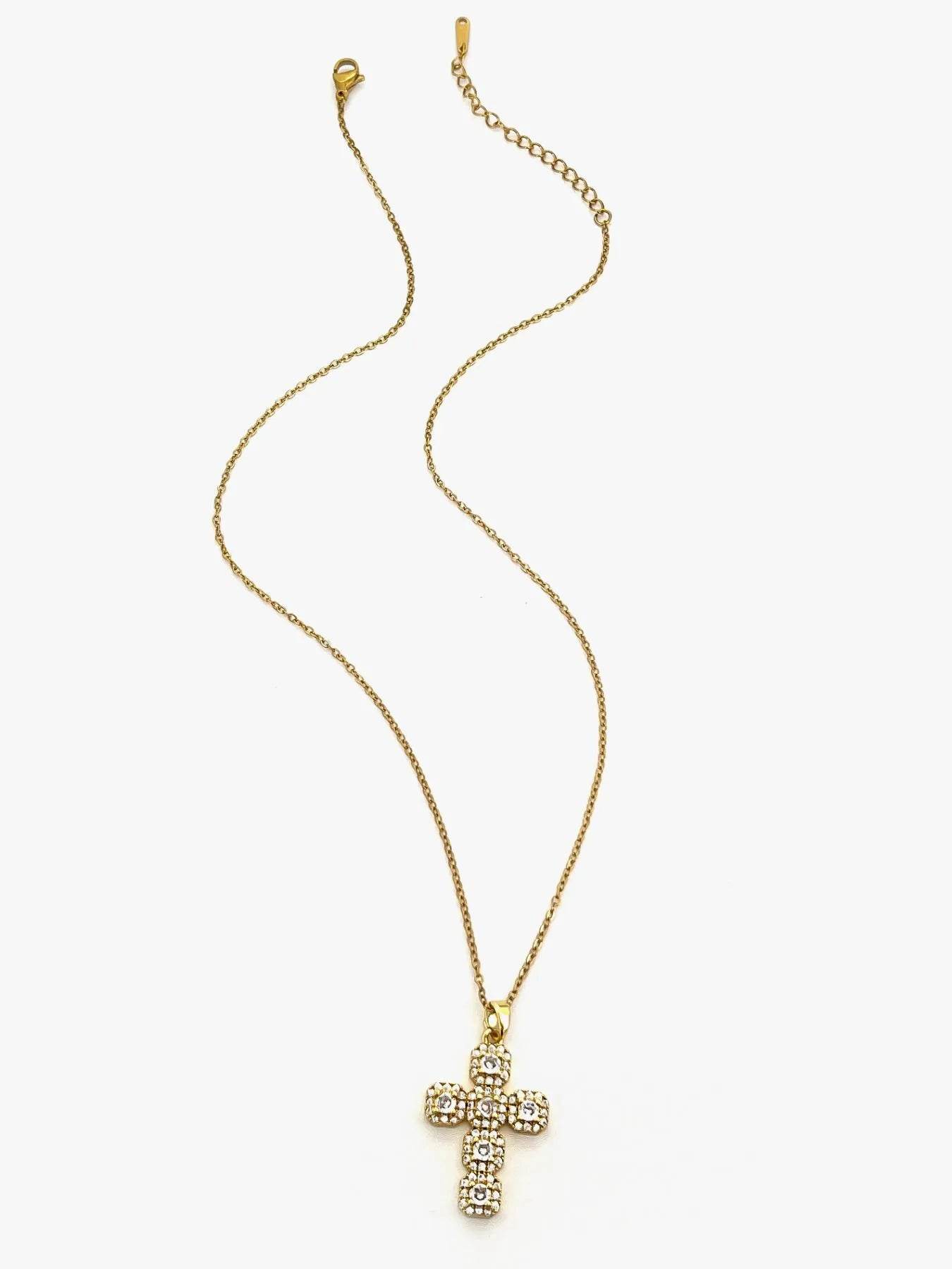 Elegant Stainless Steel Zircon Cross Necklace with 14K Gold-Plated Finish - 18.1 Inch Chain - Store 42