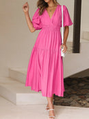 V-Neck Puff Sleeve Midi Dress Fuchsia Pink