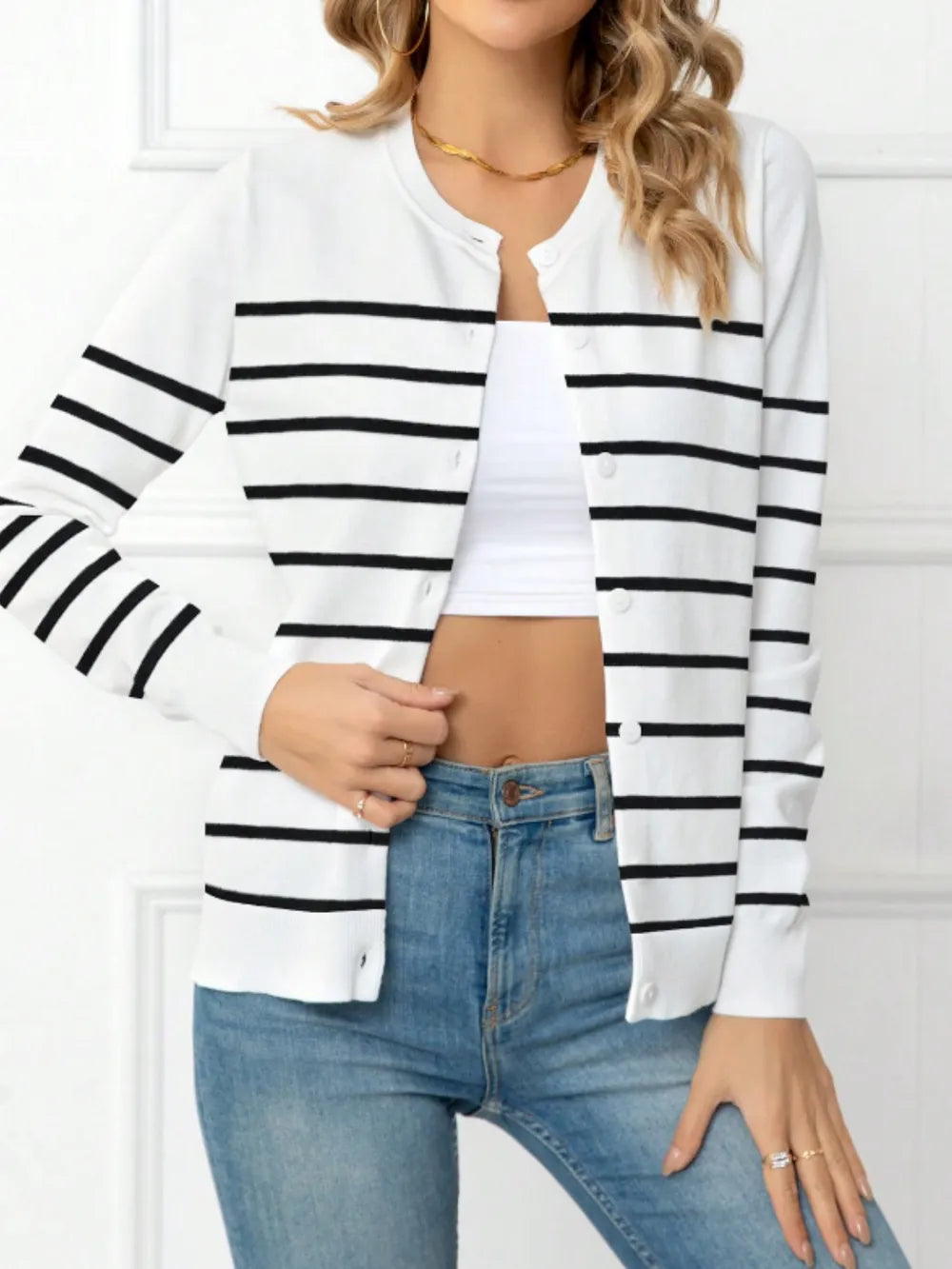 Trendy Striped Round Neck Button-Up Cardigan - 50% Viscose, Normal Thickness, Machine Washable
