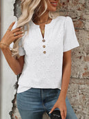 Stylish Eyelet Notched Top with Decorative Buttons - Short Sleeve & Slightly Stretchy, Opaque Fabric - Store 42