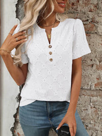 Stylish Eyelet Notched Top with Decorative Buttons - Short Sleeve & Slightly Stretchy, Opaque Fabric - Store 42
