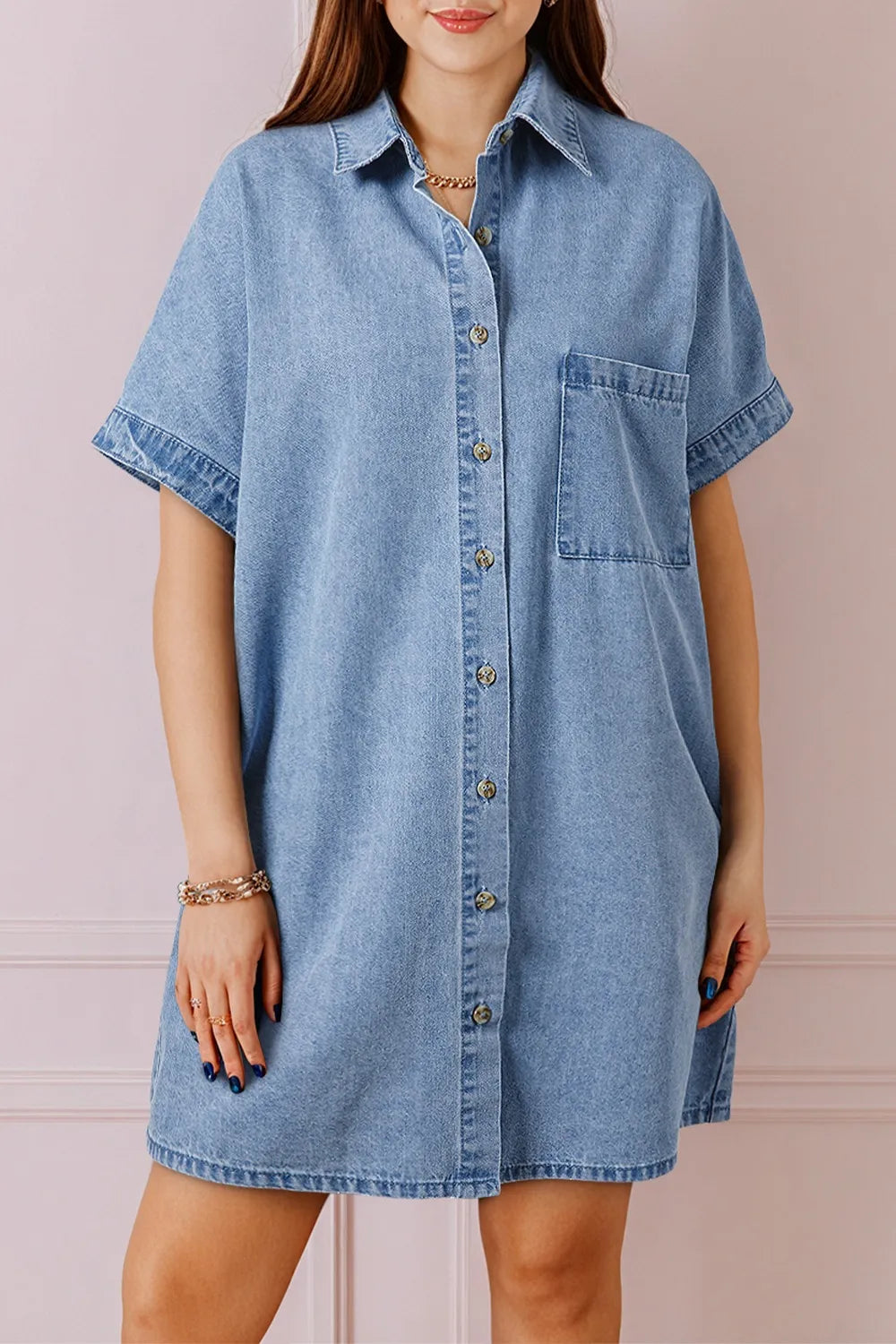 Button Down Short Sleeve Denim Dress with Pockets for Women – 82% Cotton, Classic Fit