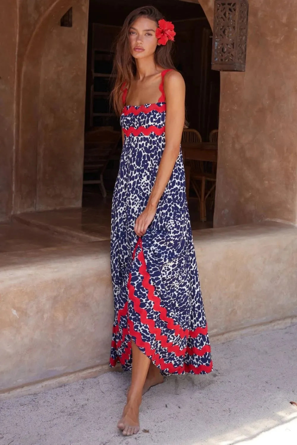 Trendsi 100% Polyester Printed Square Neck Wide Strap Maxi Dress - Opaque & Casual Style