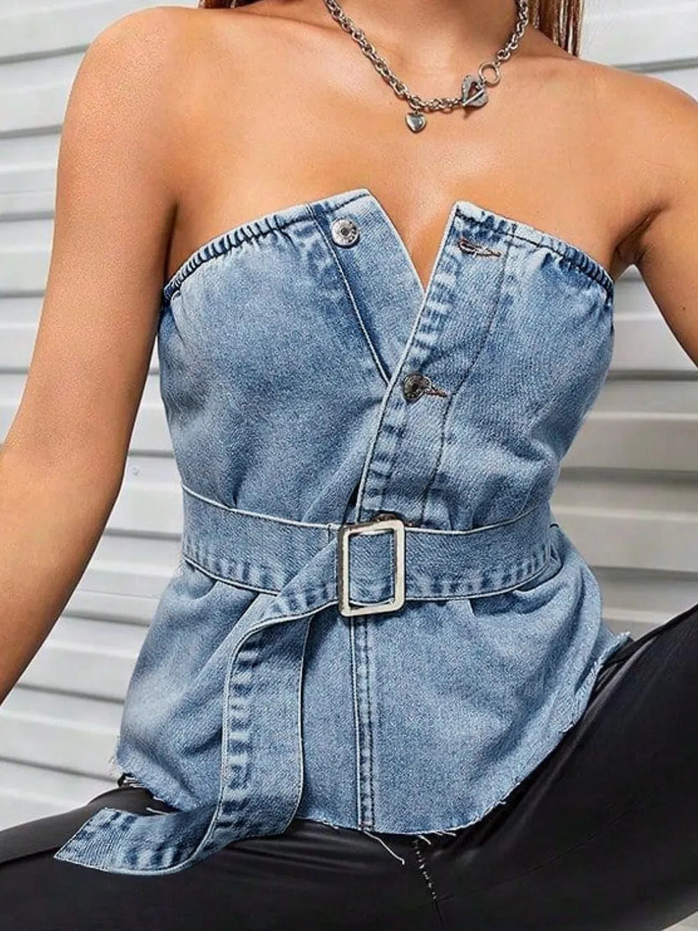 Frayed Hem Button Detail Tube Top - Stylish Cotton Blend, No Stretch for a Chic Look