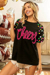 BiBi Metallic Letter Spangle Raglan Puff Sleeve Top - Store 42