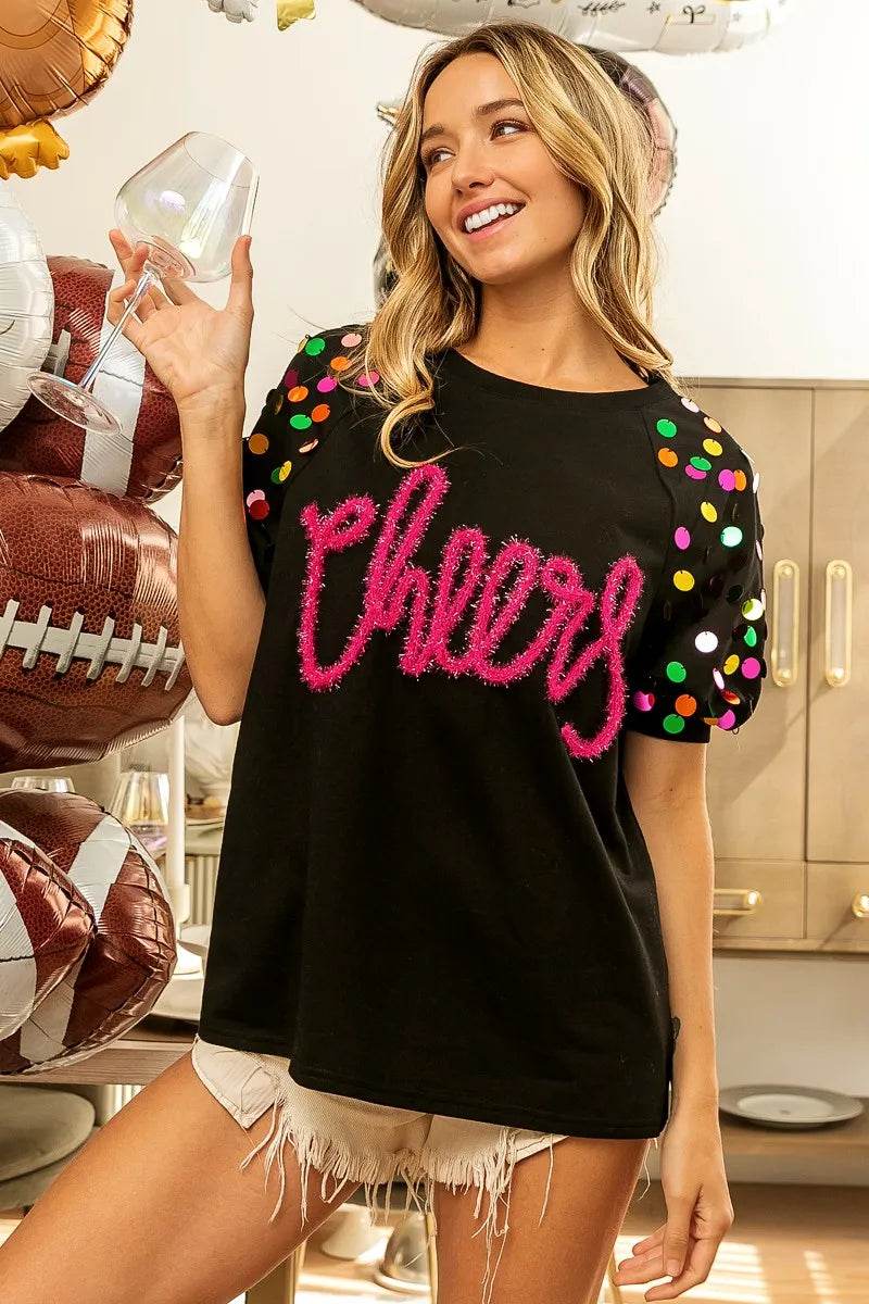BiBi Metallic Letter Spangle Raglan Puff Sleeve Top - Store 42