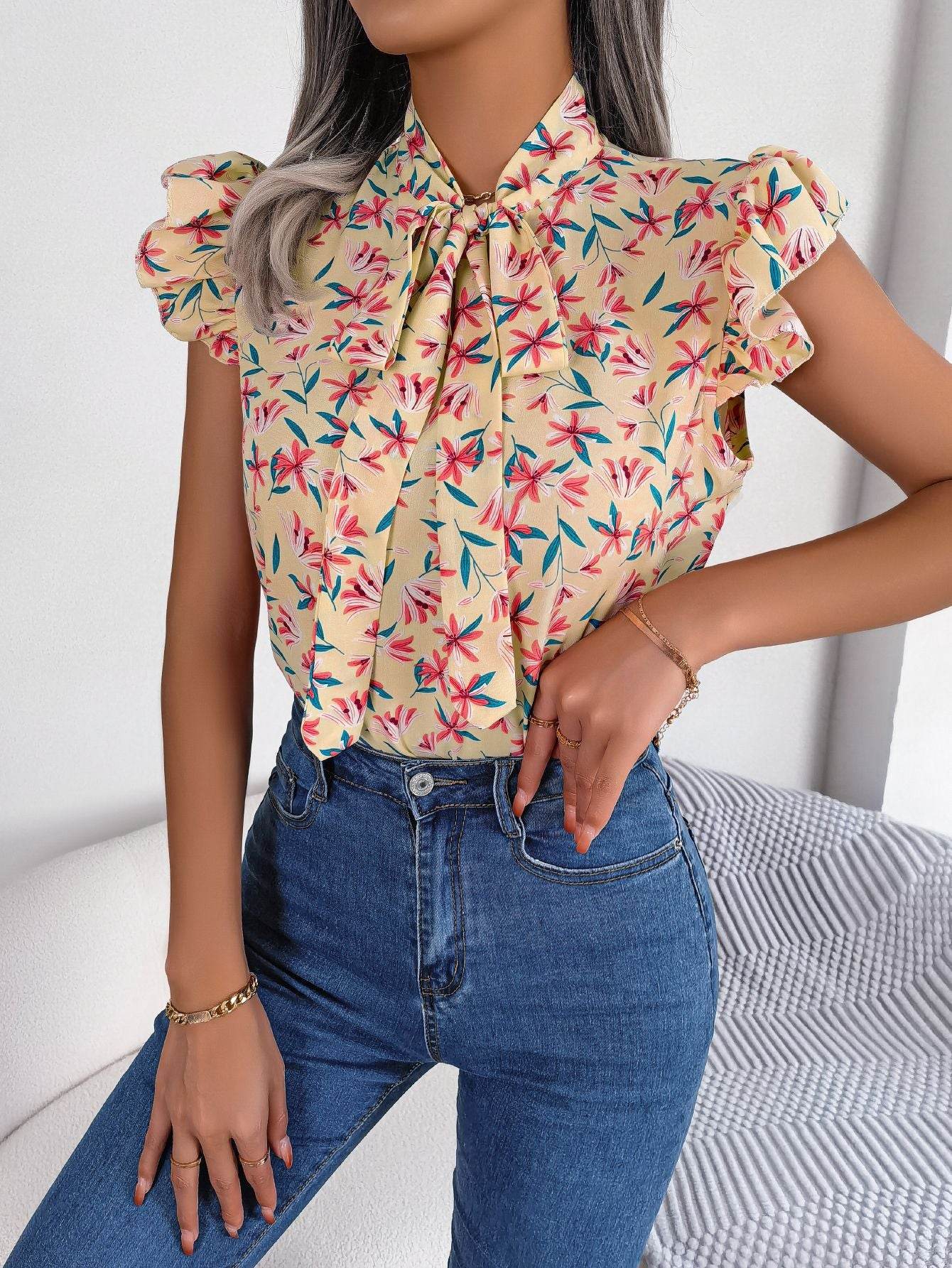 Floral Printed Tie Neck Blouse with Flutter Cap Sleeves - Casual Opaque Top - Store 42