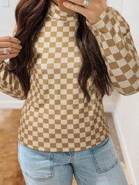 Check Pattern Turtleneck Slim Long Sleeve Tee Tan
