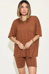 Basic Bae Full Size V-Neck Drop Shoulder T-Shirt and Shorts Set Brown