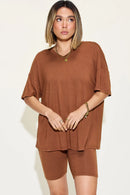 Basic Bae Full Size V-Neck Drop Shoulder T-Shirt and Shorts Set Brown