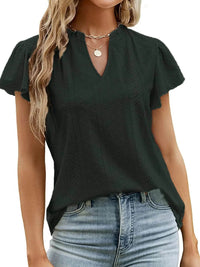 Trendsi Eyelet Notched Short Sleeve T-Shirt with Ruffled Frills - Slightly Stretchy Fabric - Store 42
