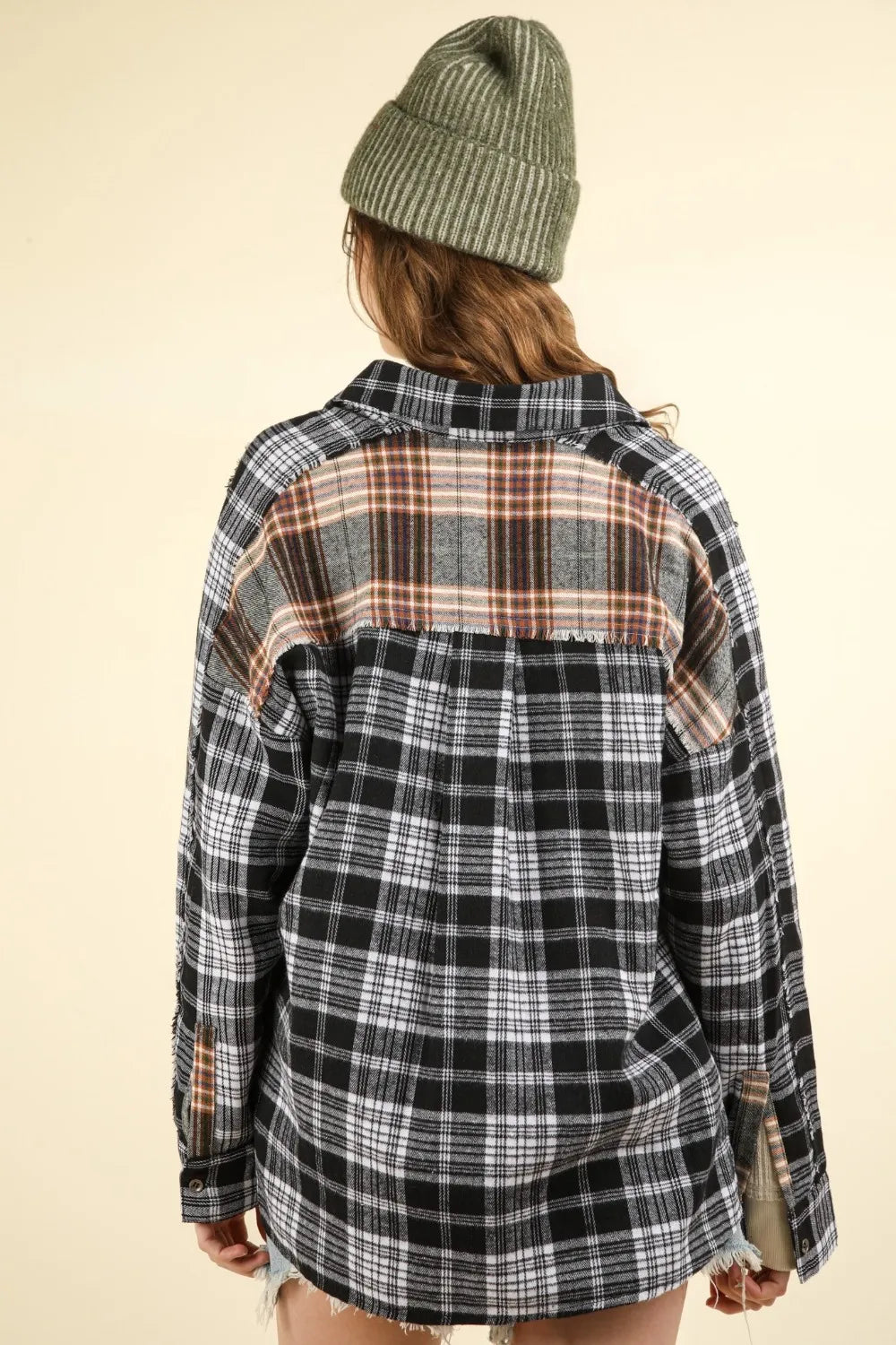 Oversized Contrast Plaid Casual Shirt With Raw Edge Accents For Effortless Autumn Style