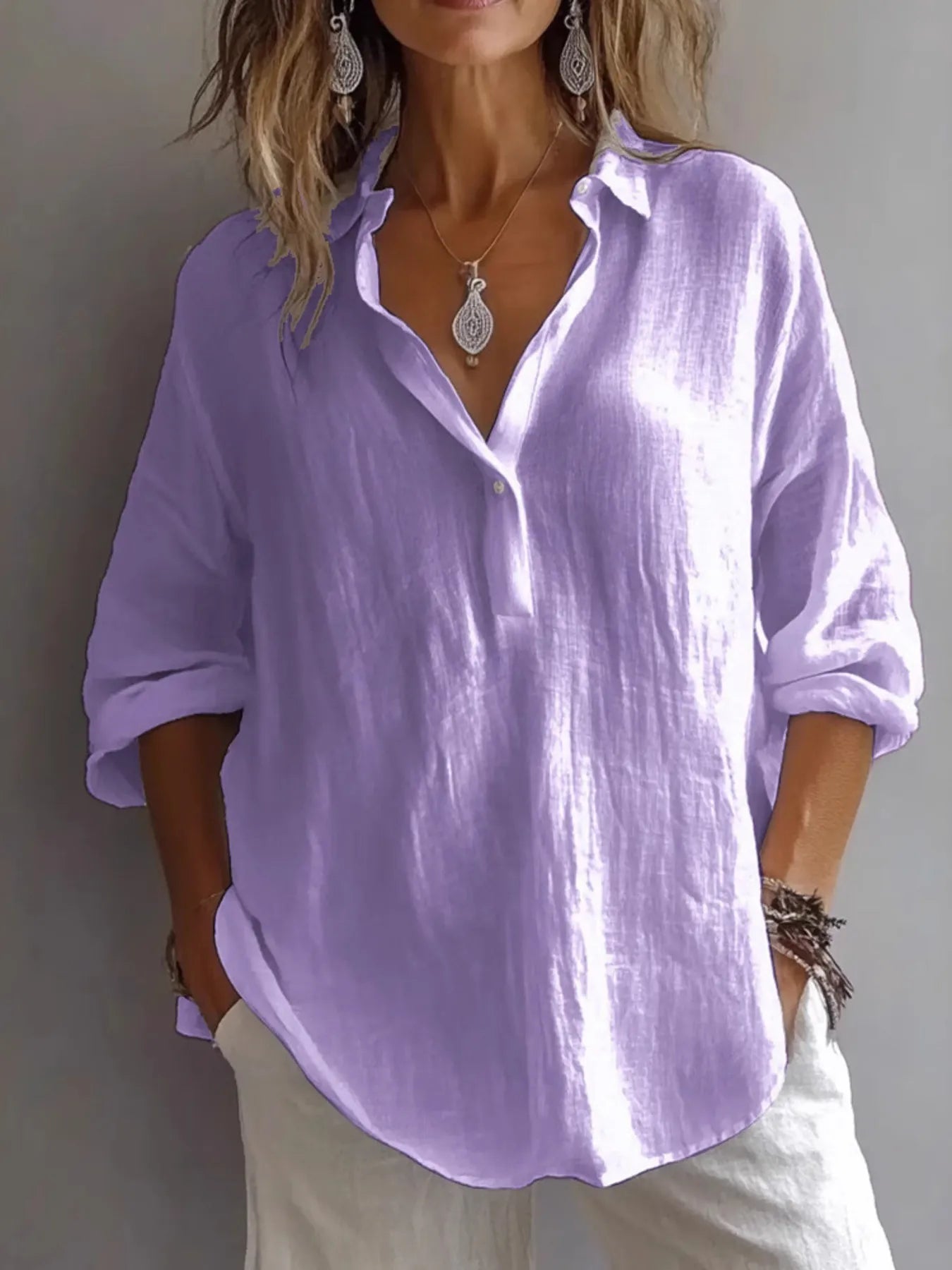 Collared Neck Long Sleeve Shirt Purple