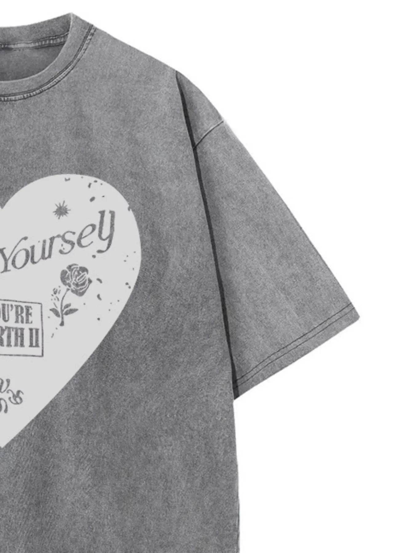 Heart Graphic Oversized Round Neck T-Shirt - Short Sleeve, 100% Polyester, Machine Washable - Store 42