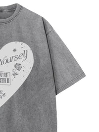 Heart Graphic Oversized Round Neck T-Shirt - Short Sleeve, 100% Polyester, Machine Washable - Store 42