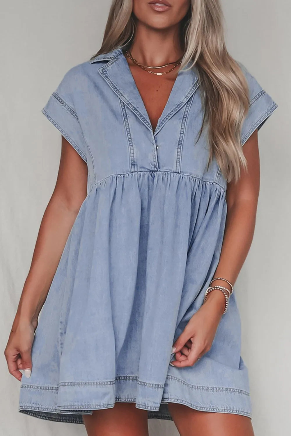 Chic Denim Babydoll Dress with Lapel Neck & Cap Sleeves - 82% Cotton, Machine Washable