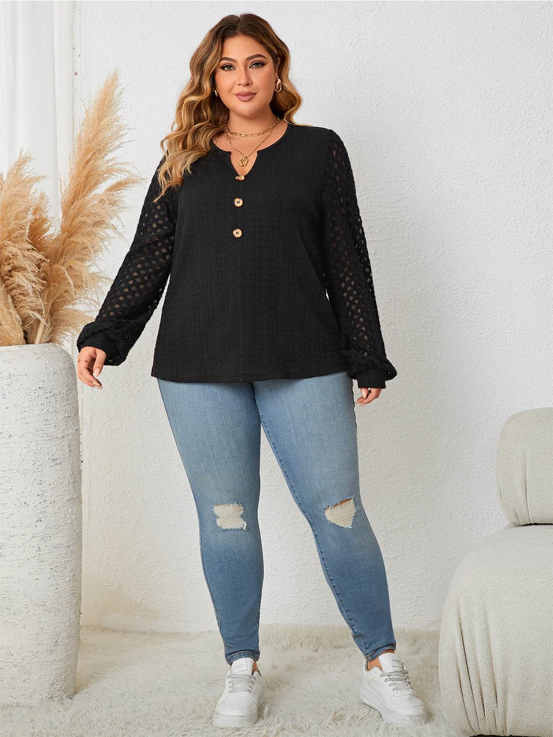 Honey Plus Size Openwork Notched Button Front Blouse - Store 42