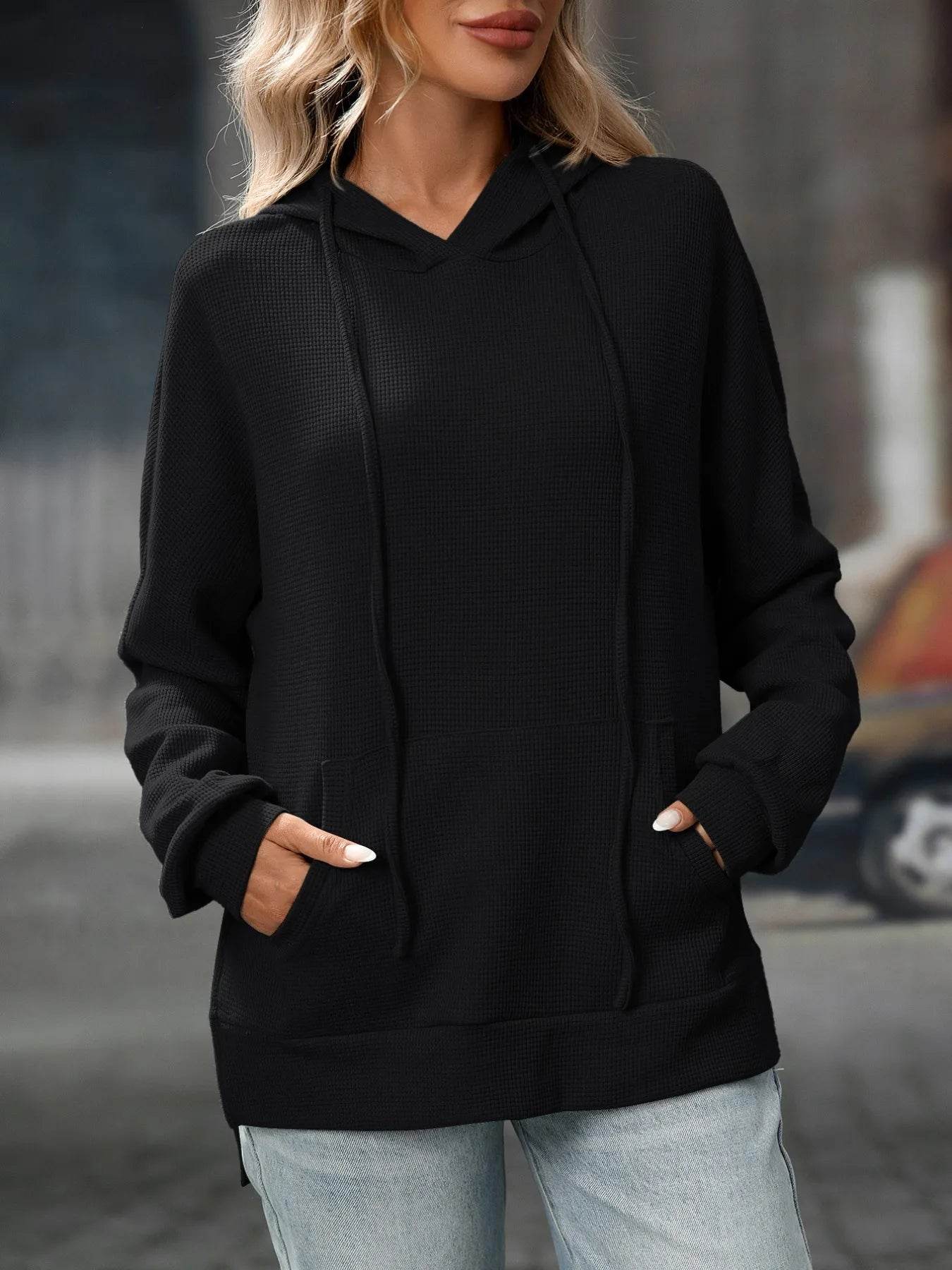 Slightly Stretchy Textured Drawstring Long Sleeve Hoodie with Pocket - Trendy Casual Wear - Store 42