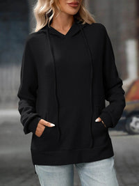 Slightly Stretchy Textured Drawstring Long Sleeve Hoodie with Pocket - Trendy Casual Wear - Store 42