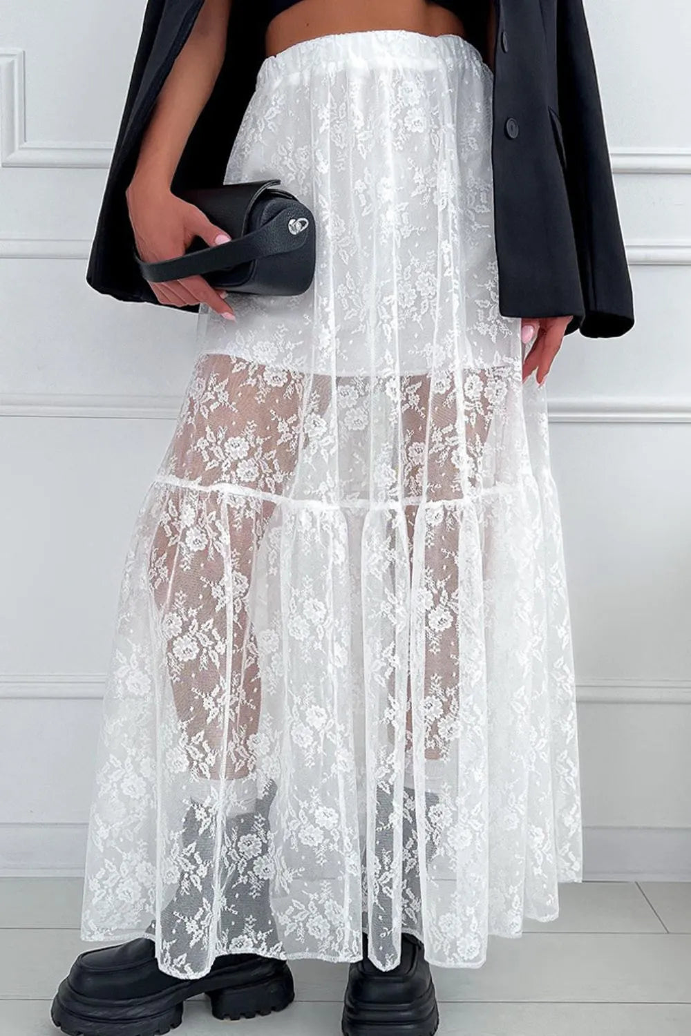 Lace Elastic Waist Maxi Skirt