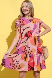 And The Why Printed Double Ruffles Sleeve Dress Mauve
