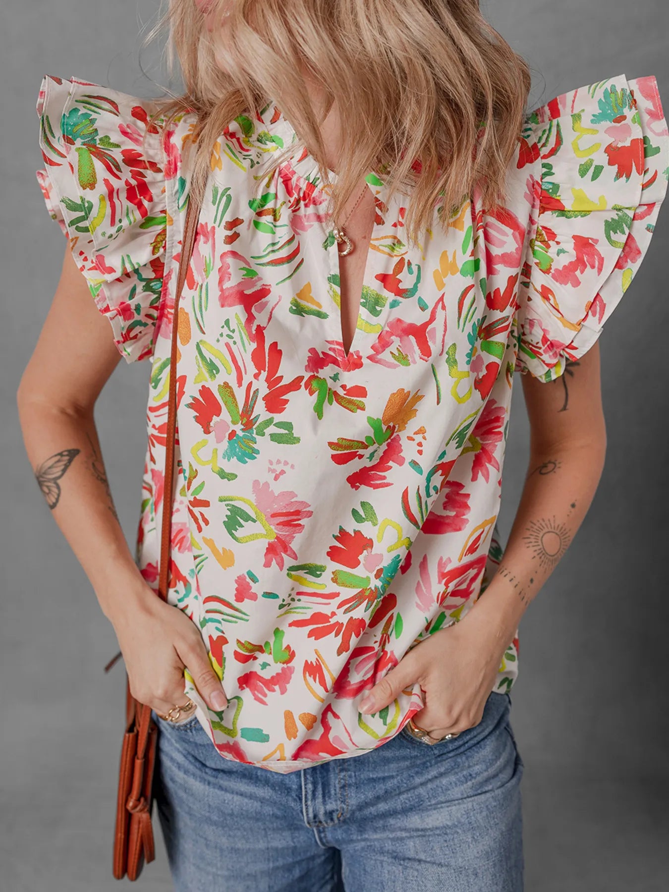 Multicolour Floral Printed Cap Sleeve Split Neck Blouse