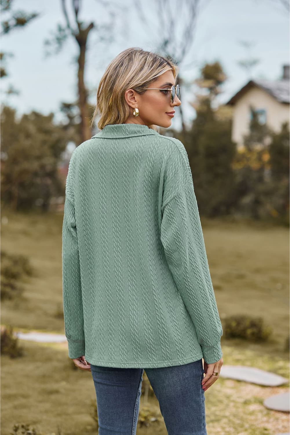 Casual Long Sleeve Blouse with Collared Neck and Cable-Knit Design - Opaque & Slightly Stretchy