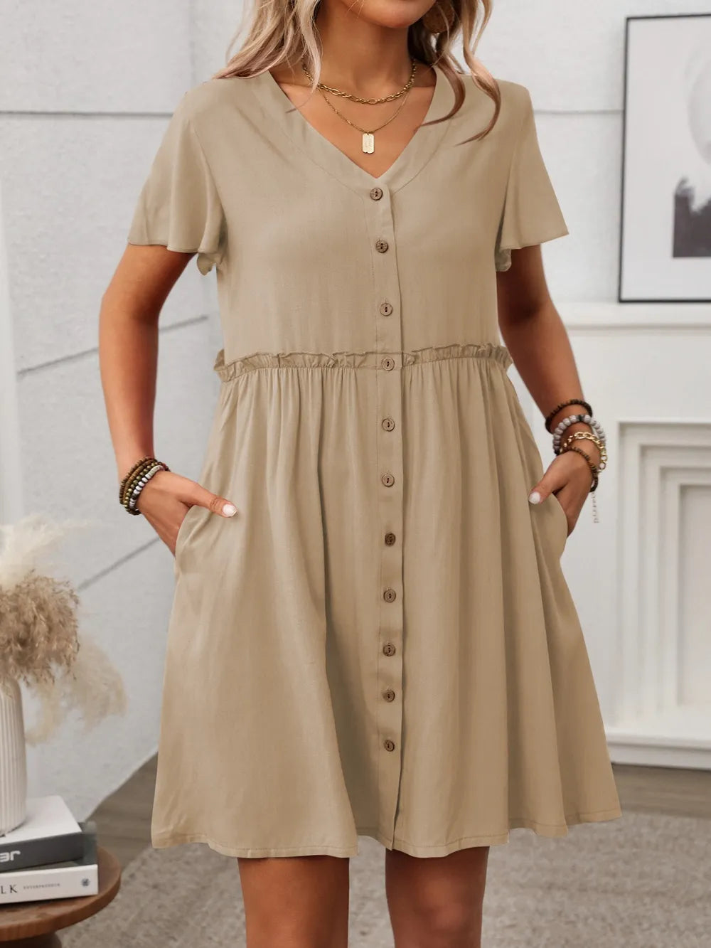 Chic Button Front Flutter Sleeve Dress for Women - Opaque, Non-Stretch Viscose, Machine Washable