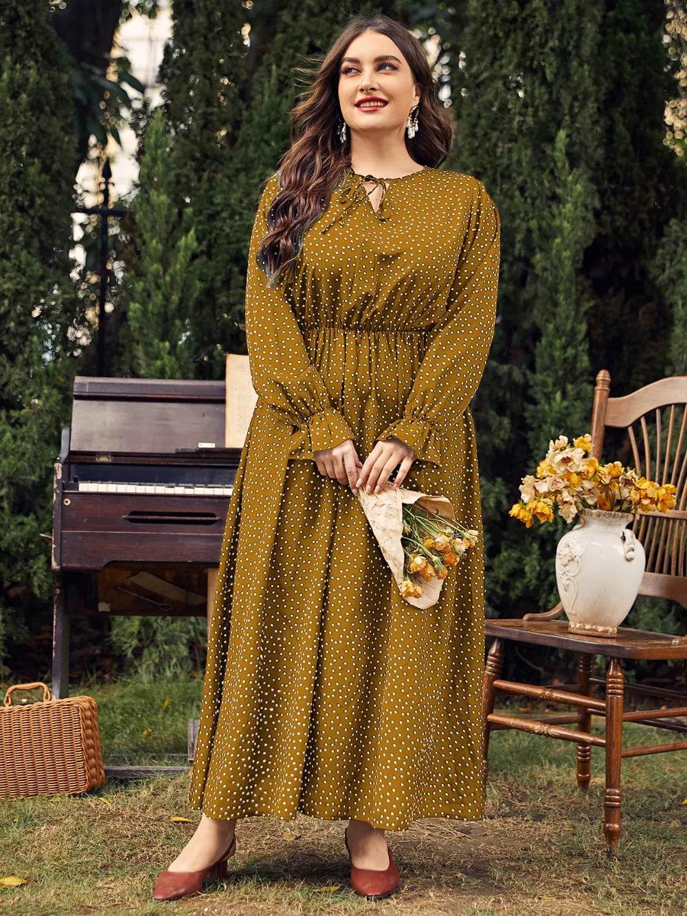 Honey Plus Size Ruffled Polka Dot Long Sleeve Midi Dress - Store 42