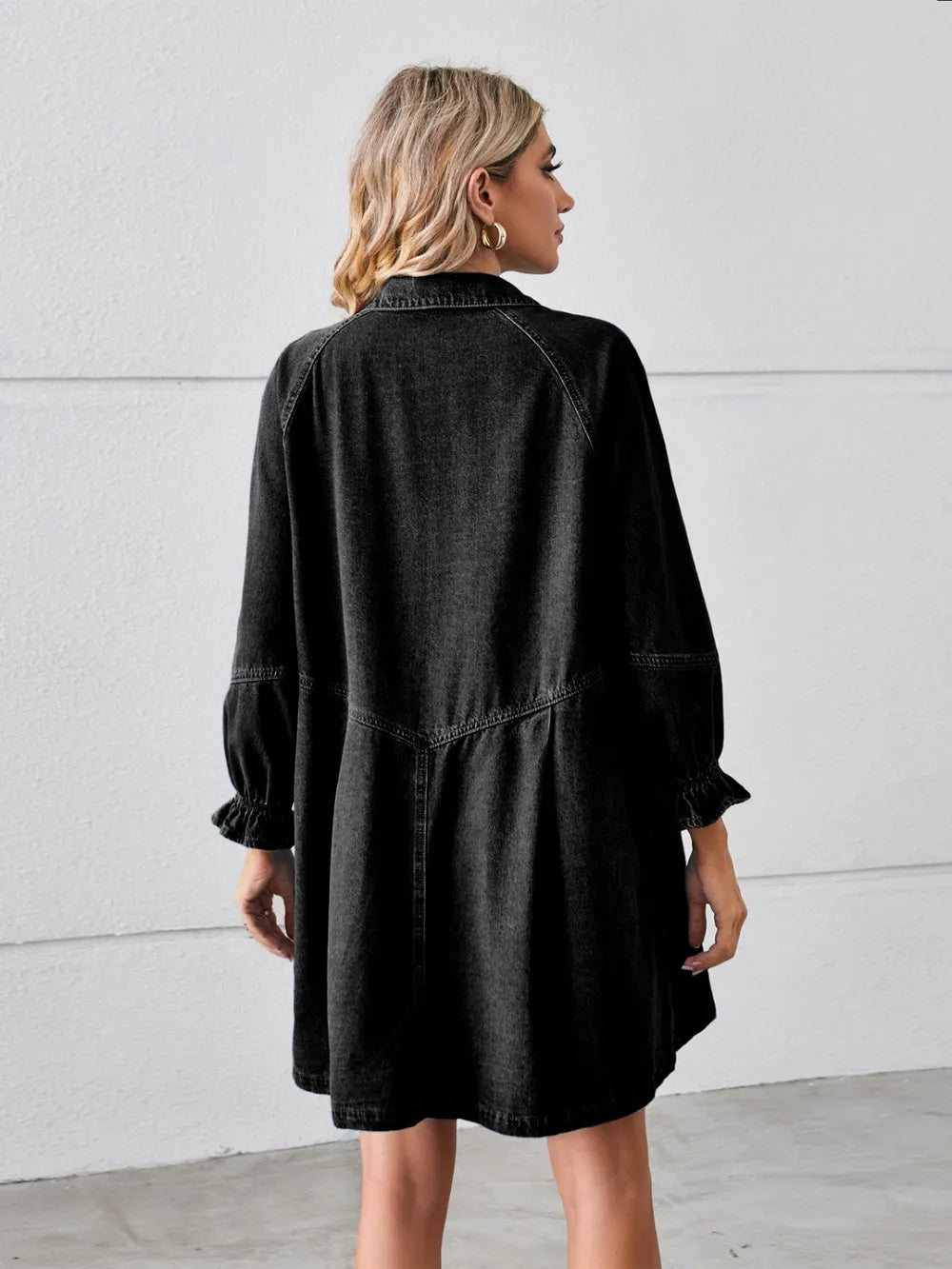 Stylish Button-Up Mini Denim Dress With Flounce Sleeves – 100% Rayon, Comfortable Fit