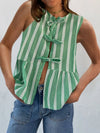 Tied Striped Round Neck Tank Green