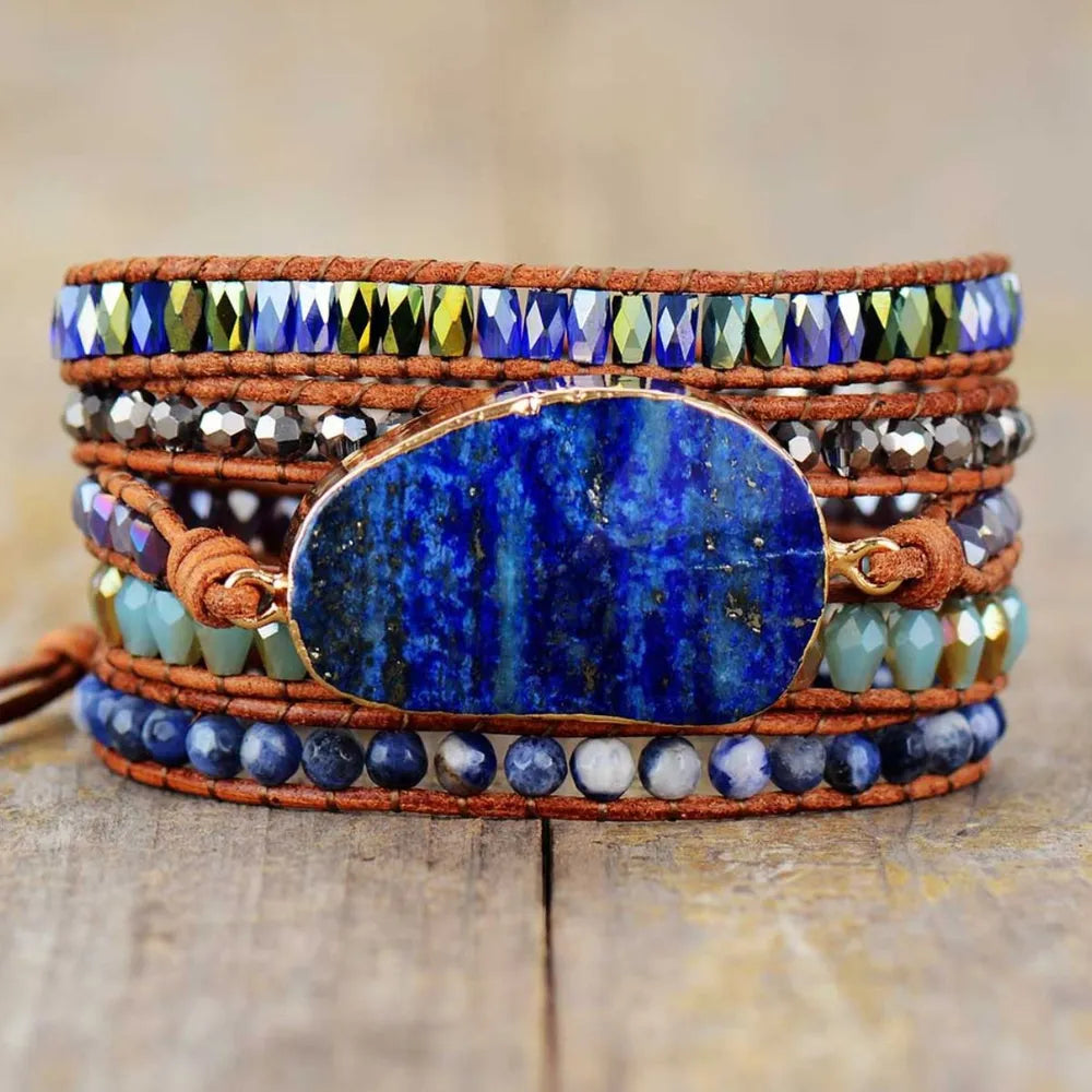 Lapis Lazuli Layered Bracelet - Natural Stone Jewelry, 32.7" Chain Length, Unique Patterns