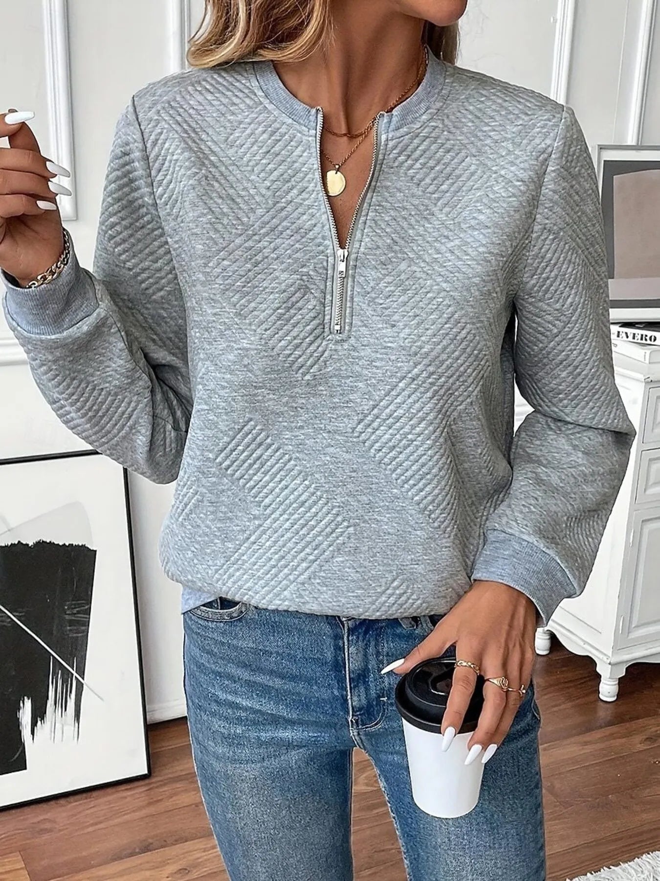 Trendsi Quarter Zip Textured Long Sleeve Sweatshirt, 95% Polyester, Stylish Comfort