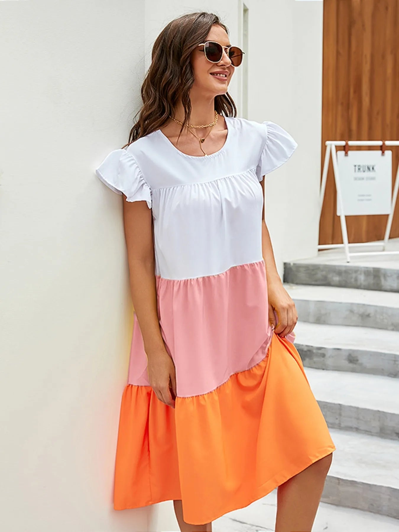 Stylish Plus Size Color Block Tiered Ruffle Dress for Summer - 100% Polyester
