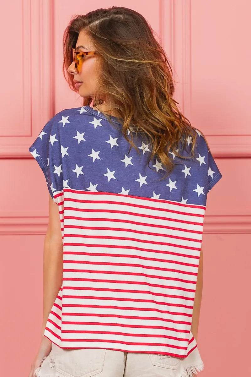 BiBi Star Printed & Stripe Combo Top - Unique Pattern Mixing, 100% Cotton, Slightly Stretchy - Store 42