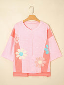 Floral Applique Oversized T-Shirt with Exposed Seams - 65% Polyester 35% Cotton - Store 42