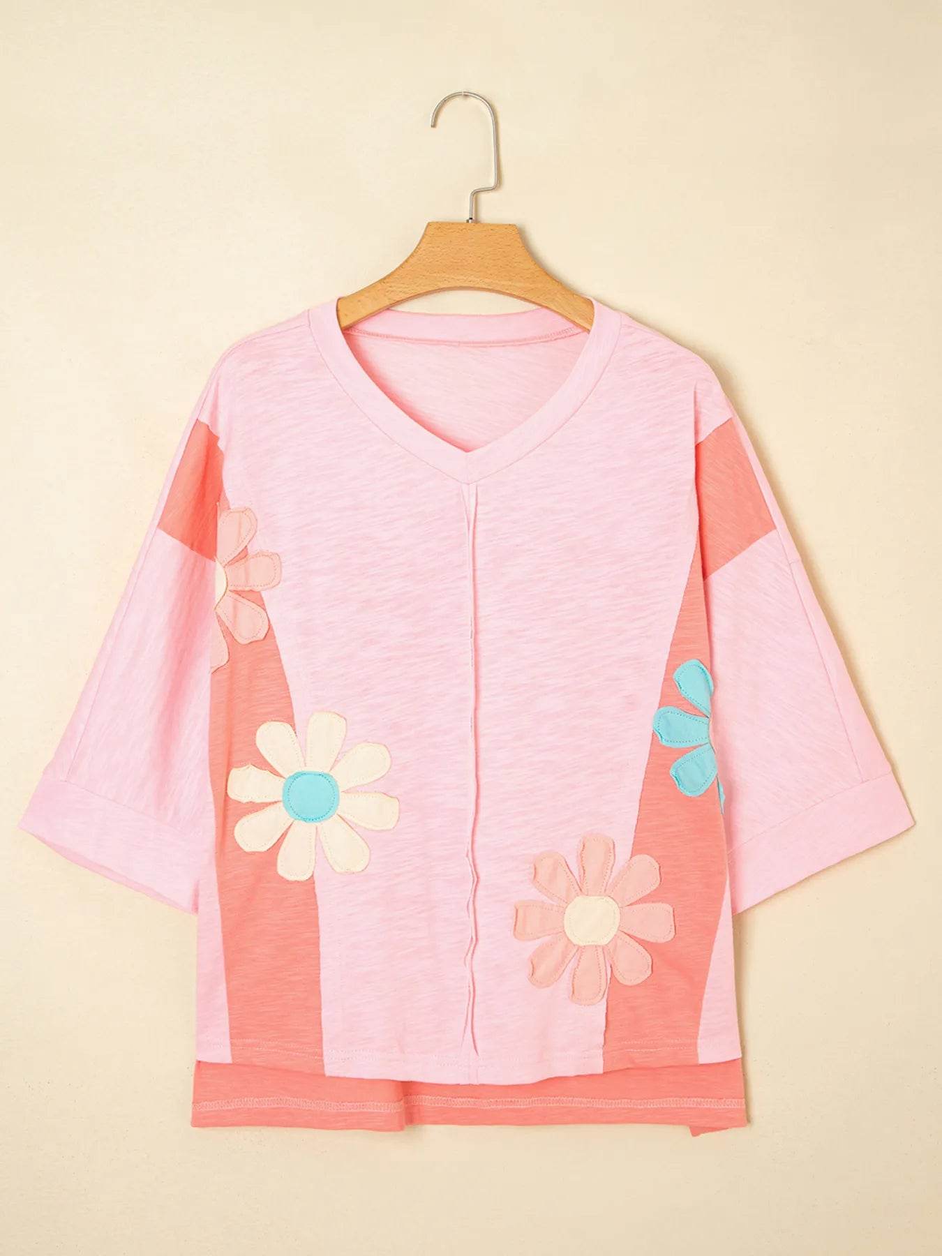 Floral Applique Oversized T-Shirt with Exposed Seams - 65% Polyester 35% Cotton