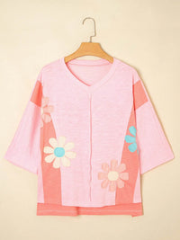 Floral Applique Oversized T-Shirt with Exposed Seams - 65% Polyester 35% Cotton - Store 42