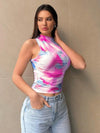 Printed Mock Neck Ruched Tank Fuchsia Pink