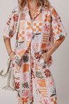 Printed Collared Neck Shirt and Wide Leg Pants Set Pale Blush