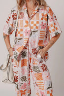 Printed Collared Neck Shirt and Wide Leg Pants Set Pale Blush
