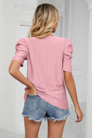 Trendsi Eyelet Puff Sleeve Blouse - Casual Round Neck Top for Every Occasion - Store 42