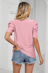 Trendsi Eyelet Puff Sleeve Blouse - Casual Round Neck Top for Every Occasion - Store 42