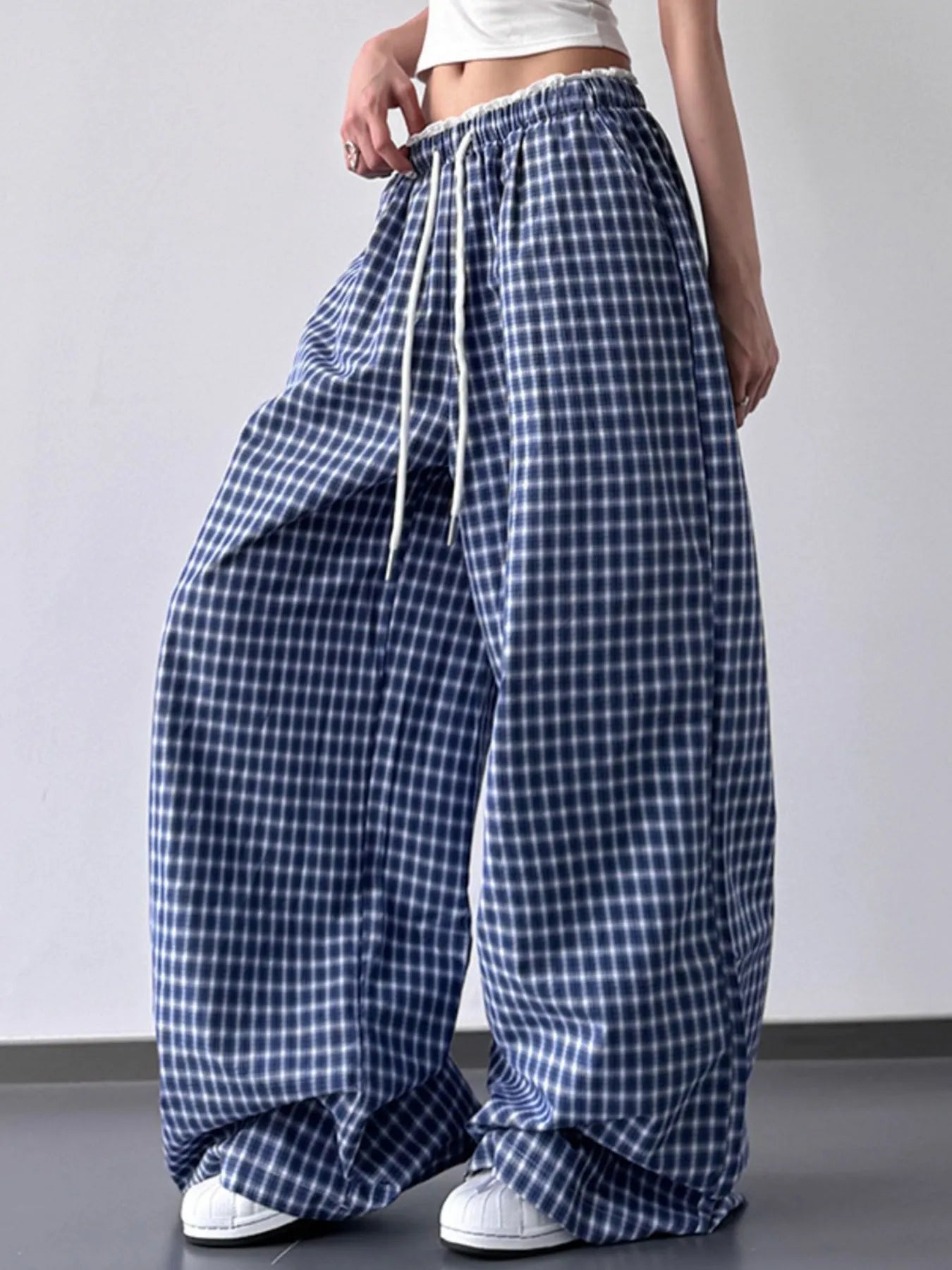 Plaid Wide Leg Pants With Drawstring And Pockets | 100% Polyester, Frill Detail