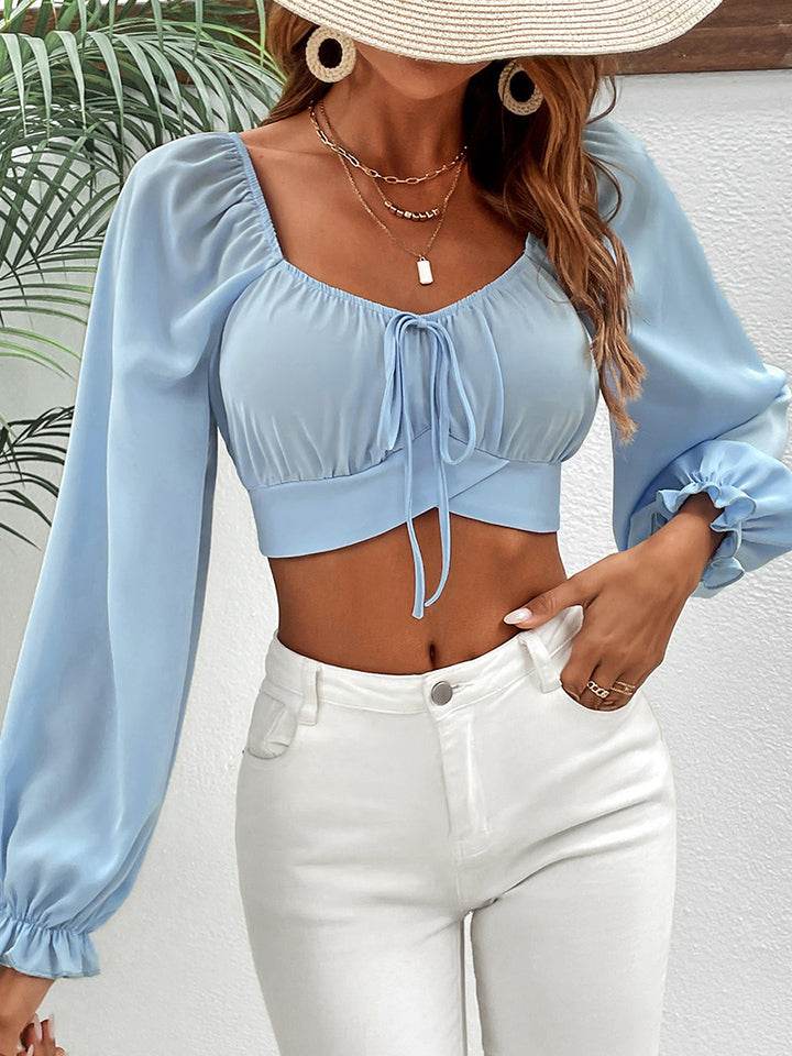 Trendy Honey Cropped Blouse with Long Raglan Sleeves and Square Neck Design