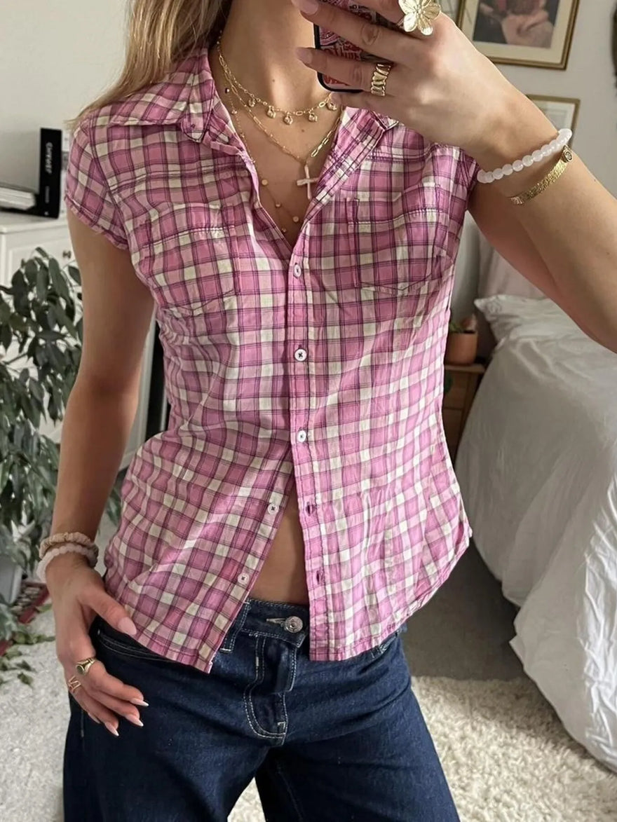 Trendsi Women's Plaid Cap Sleeve Button-Up Shirt in 100% Polyester - Slightly Stretchy & Easy Care
