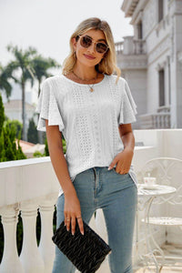 Trendsi Eyelet Flutter Sleeve Semi-Sheer Round Neck Casual Top - 100% Polyester - Store 42
