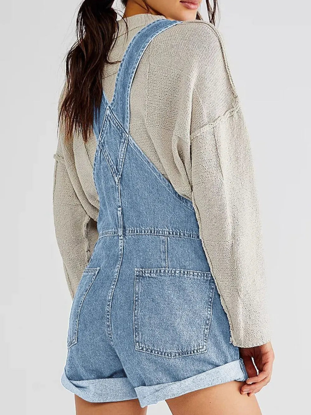 Stretch-Free Pocketed Square Neck Wide Strap Denim Overalls for Casual Style