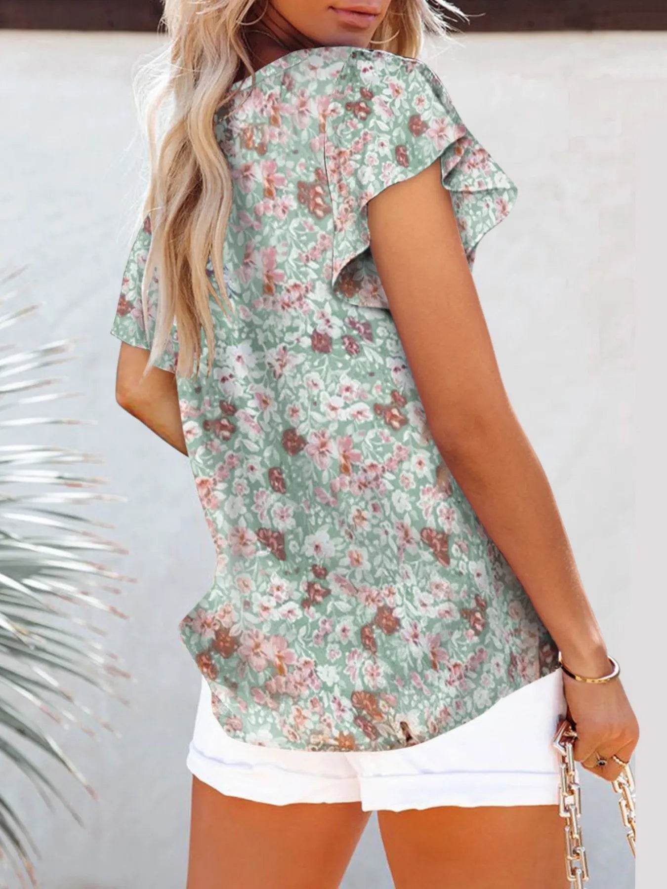 Full Size Flutter Sleeve Floral V-Neck Blouse Plus Size - Store 42